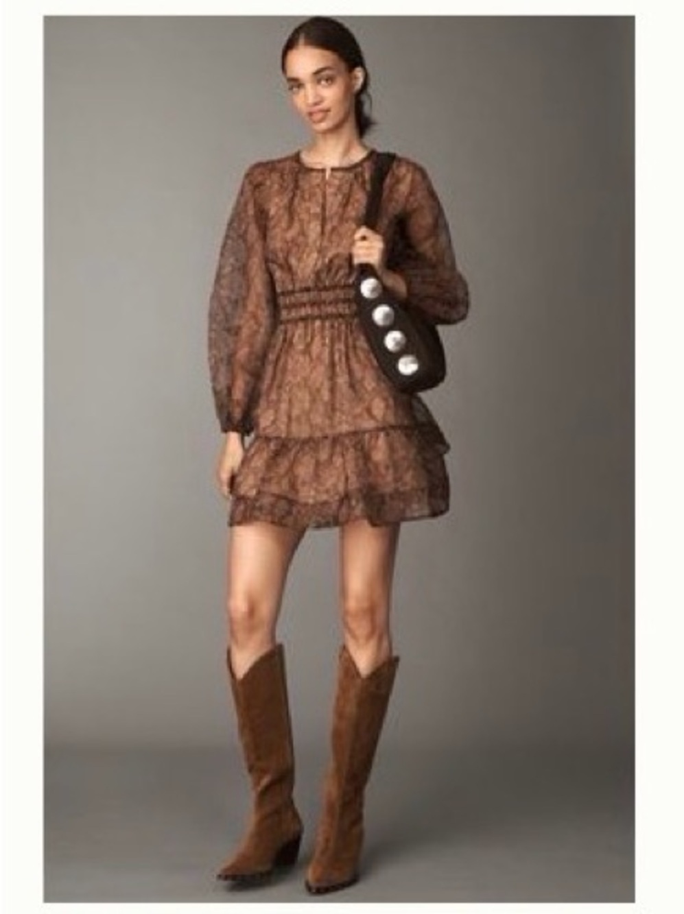 Tiered Long-Sleeve Brown Sommerset Mini Dress